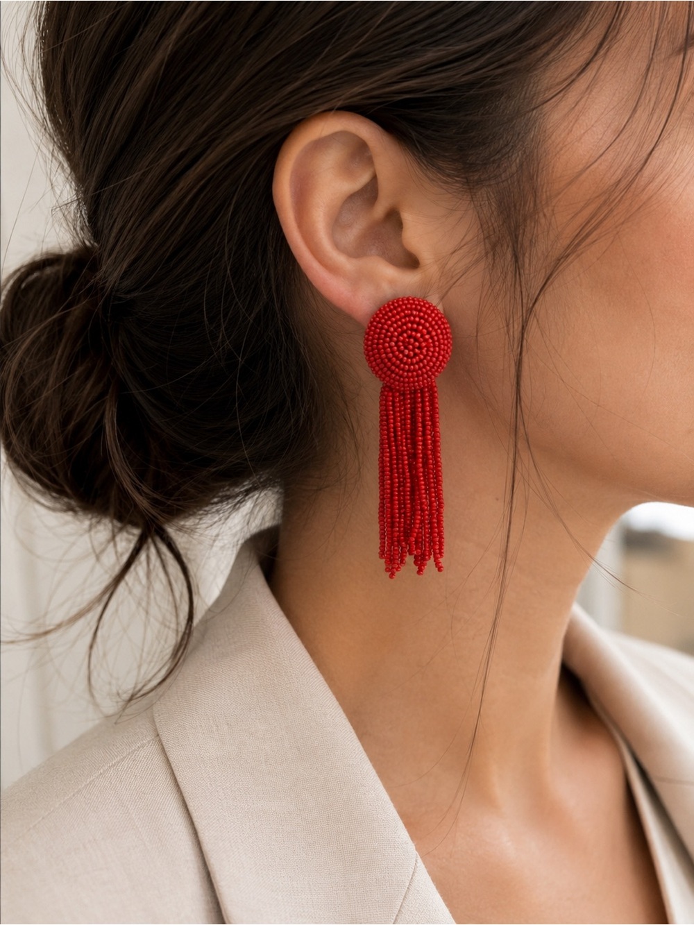 Bright Red Beaded Tassel Drop Earrings